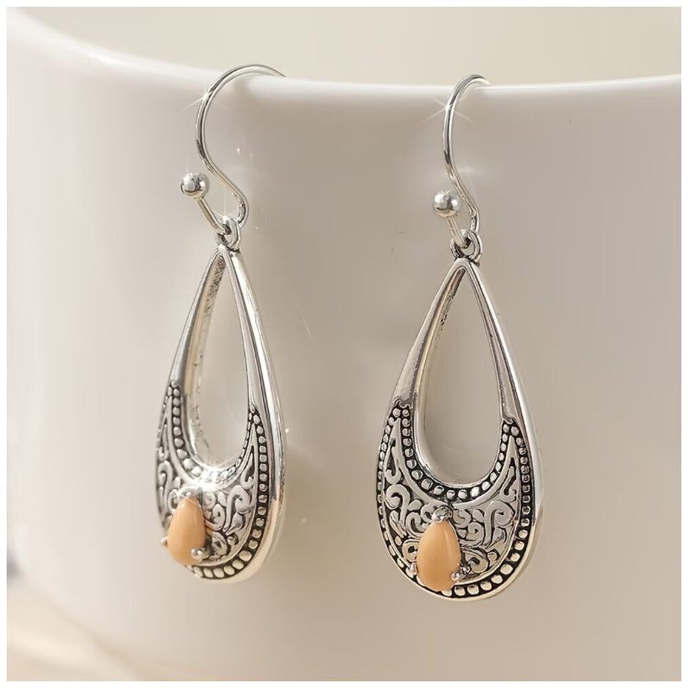 Pendant Earrings, Hollowed-out Engraved Boho Water Drop Dangle Ethnic Half-Moon